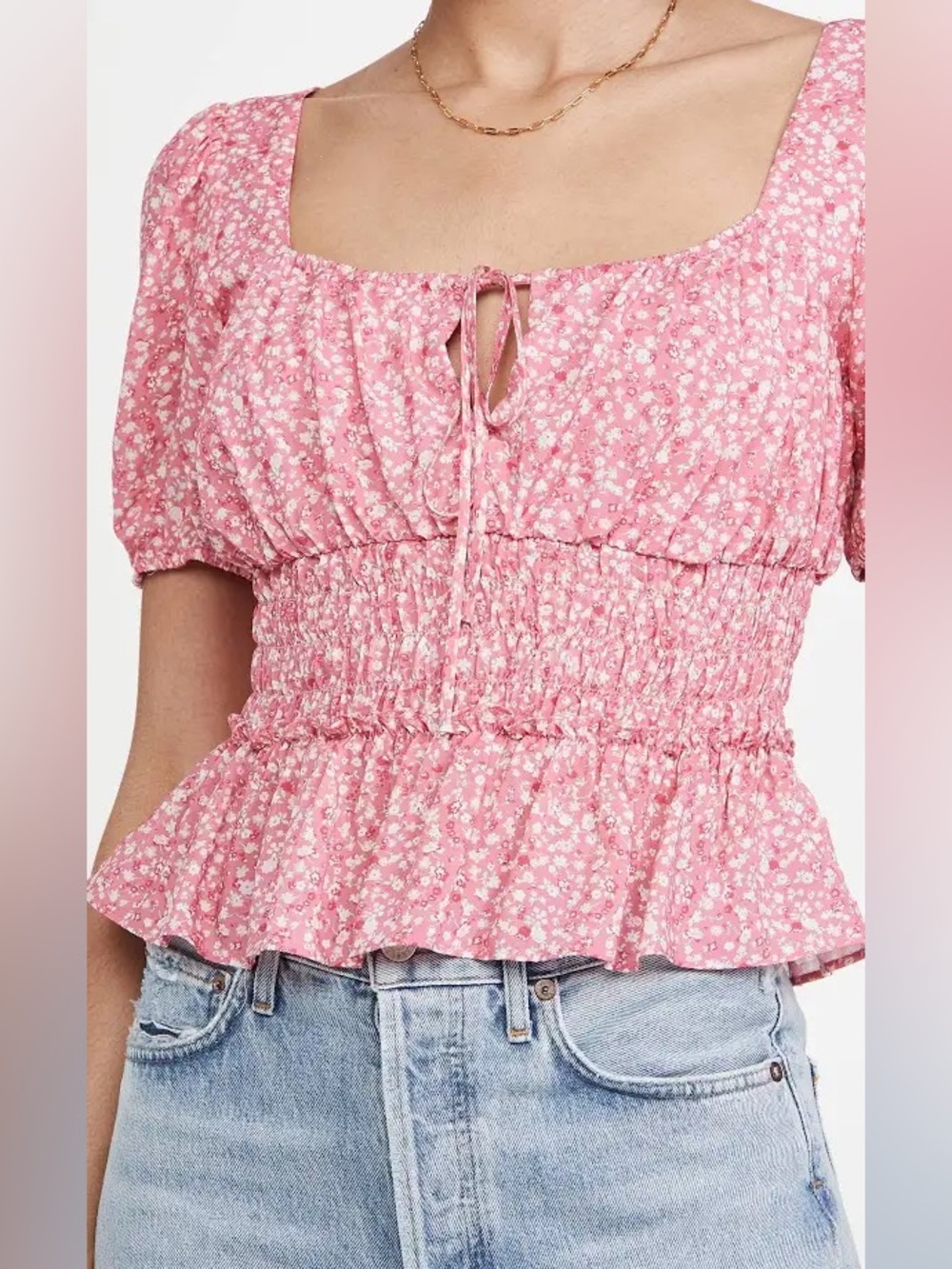 WAYF smocked waist cap sleeve top 
Cherise Ditsy Floral